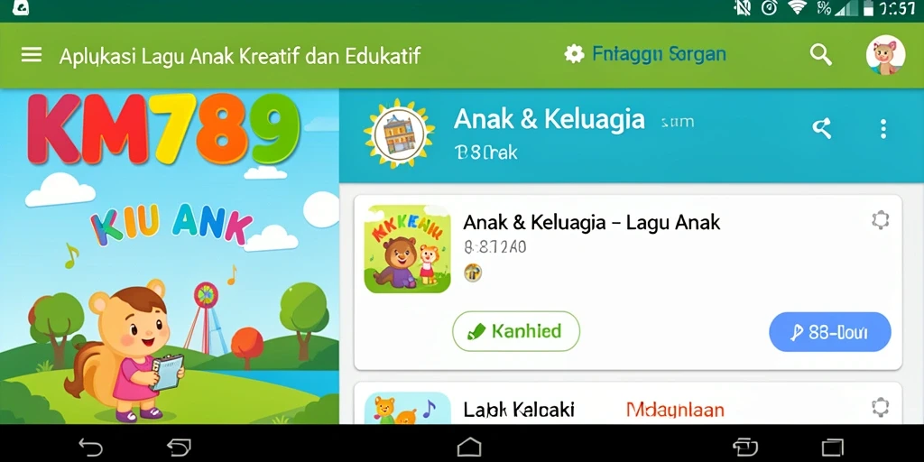 Antarmuka aplikasi KM789 yang ramah anak dengan berbagai lagu.